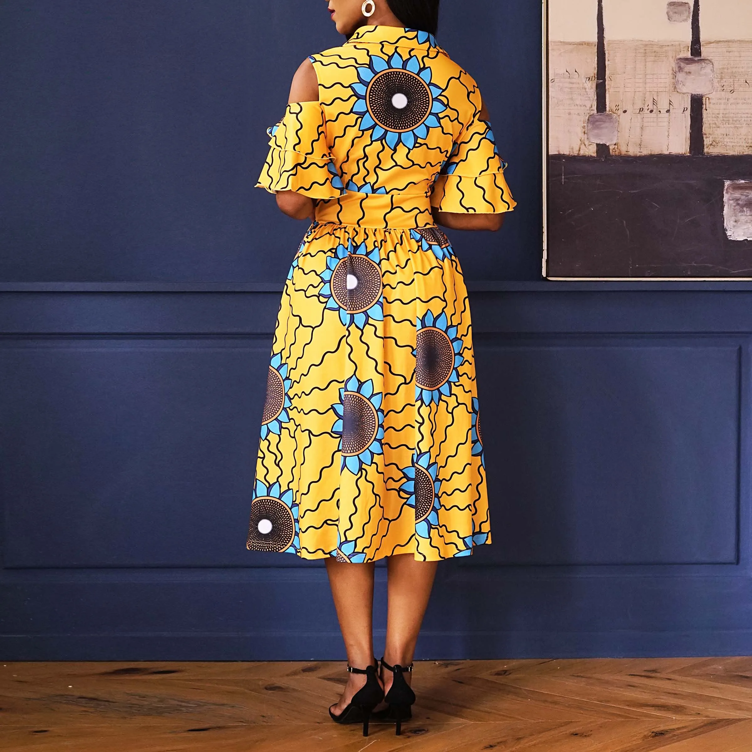 Желтый сарафан 2019 Лето Boho Aline лацкане женское Повседневное платье с высокой