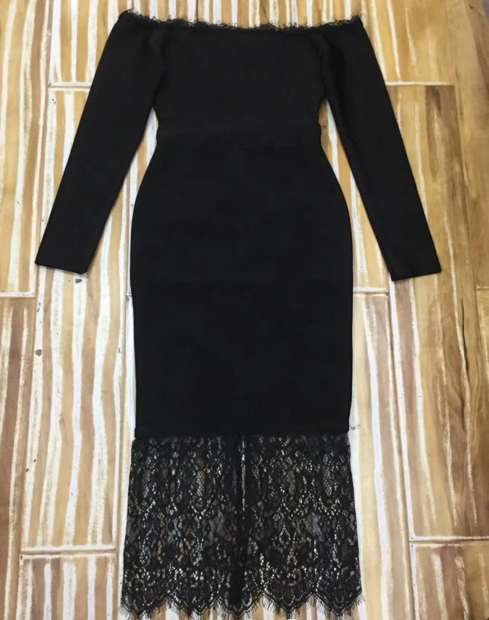 

VESTIDOS Winter Dress Women Sexy Off the Shoulder Long Sleeve Lace Black Bandage Dress 2019 Elegant Designer Party Dress