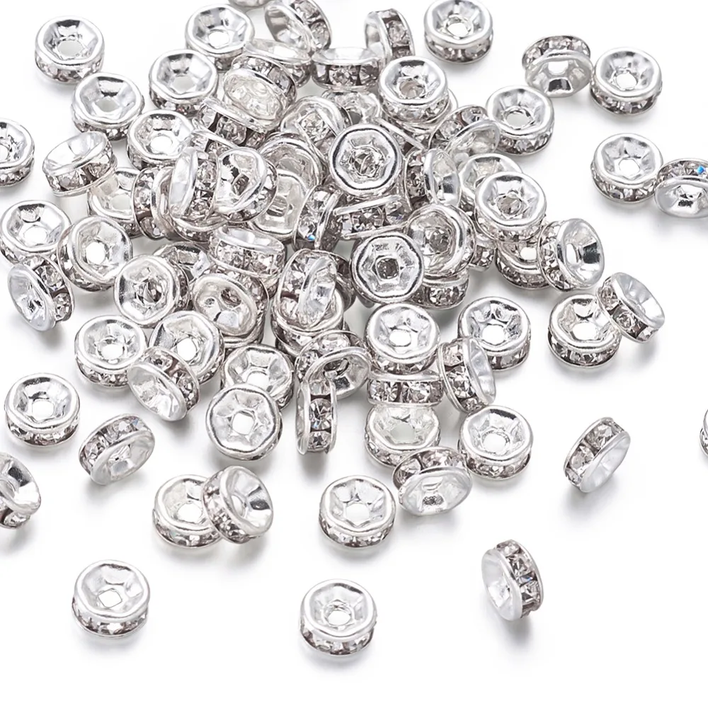 

200pcs 6mm Brass Crystal Rhinestone Spacer Beads Grade AAA Straight Flange Nickel Free Silver Color Rondelle 6x3mm Hole: 1mm