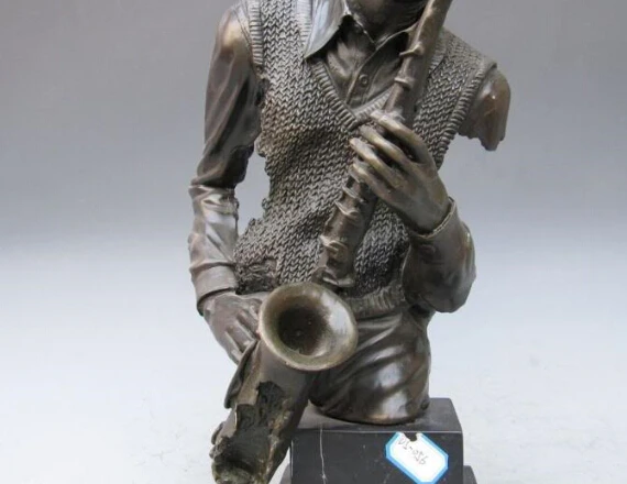 16 &quotАфрика Superb Искусство Чистая Бронза Медь Резные саксофон Статуя Человека |