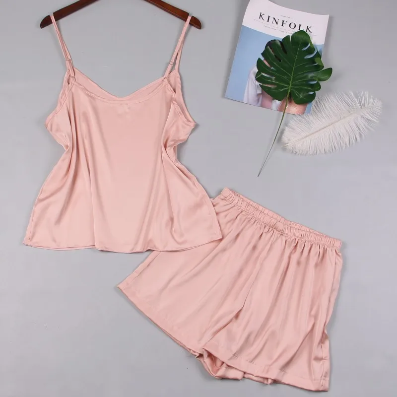 

2019 New Summer Women Fashion Thin Sling Sleepwear Soft Set Female Sexy Two Piece Solid Color Ice Silk Pajamas Suit