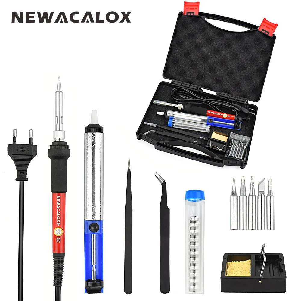 Red Soldering Iron Набор паяльников NEWACALOX с регулируемой температурой, 60 Вт, ЕС, 220 В, паяльные инструменты с переключателем питания, припой, чехол для переноски - Цвет: Red Soldering Iron