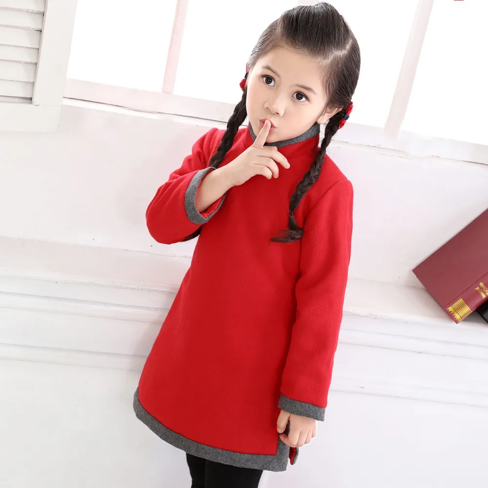 Autumn Winter Chinese Featured Qipao Girls Dresses Long Sleeves Warm Kids Dress Clothes Baby Toddler Children | Детская одежда и