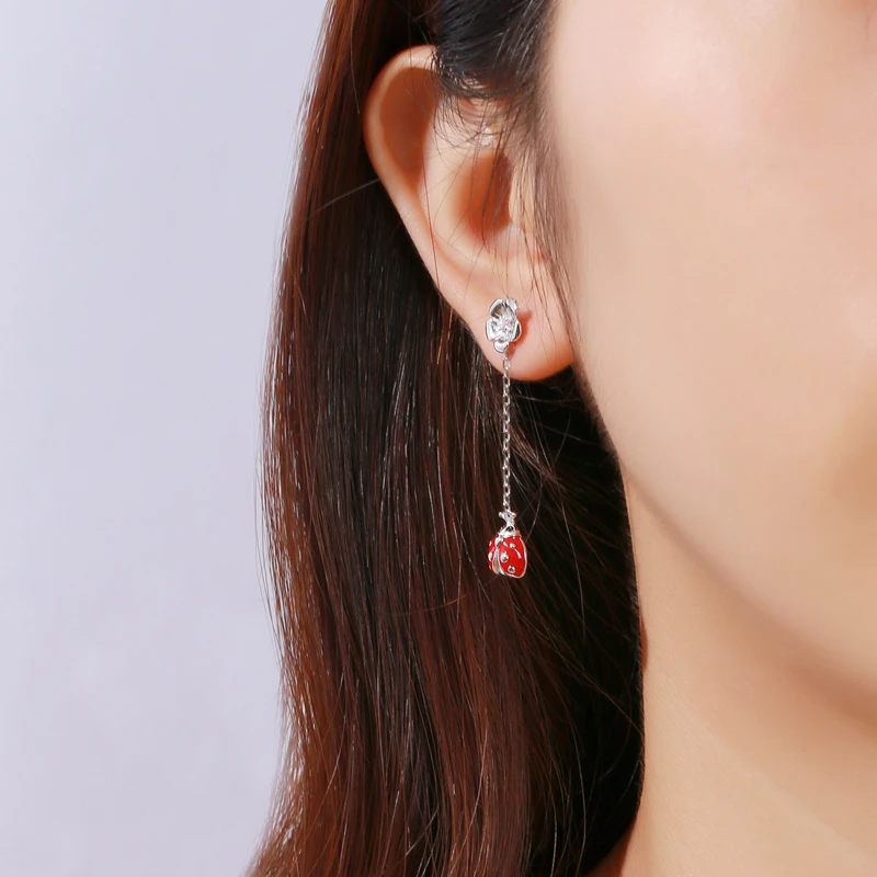 Strollgirl Authentic 925 Sterling Silver Cute Red Enamel Ladybug Stud Earrings Long Tassel Animal Earring Fashion Gift for Women | Украшения