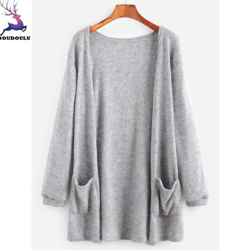 Doudoulu с длинным рукавом Кардиган Женщины Open Front Jacket свободные кардиган Карманы Повседневный Кардиган Рубашка Блузы casaco# wmew