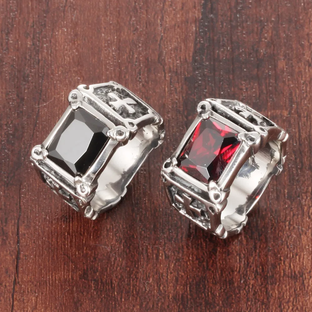 Men Rings Big Black/Red Precious Stones Ring Stainless Steel Man's Classic Cross Punk Jewelry TY470 | Украшения и аксессуары