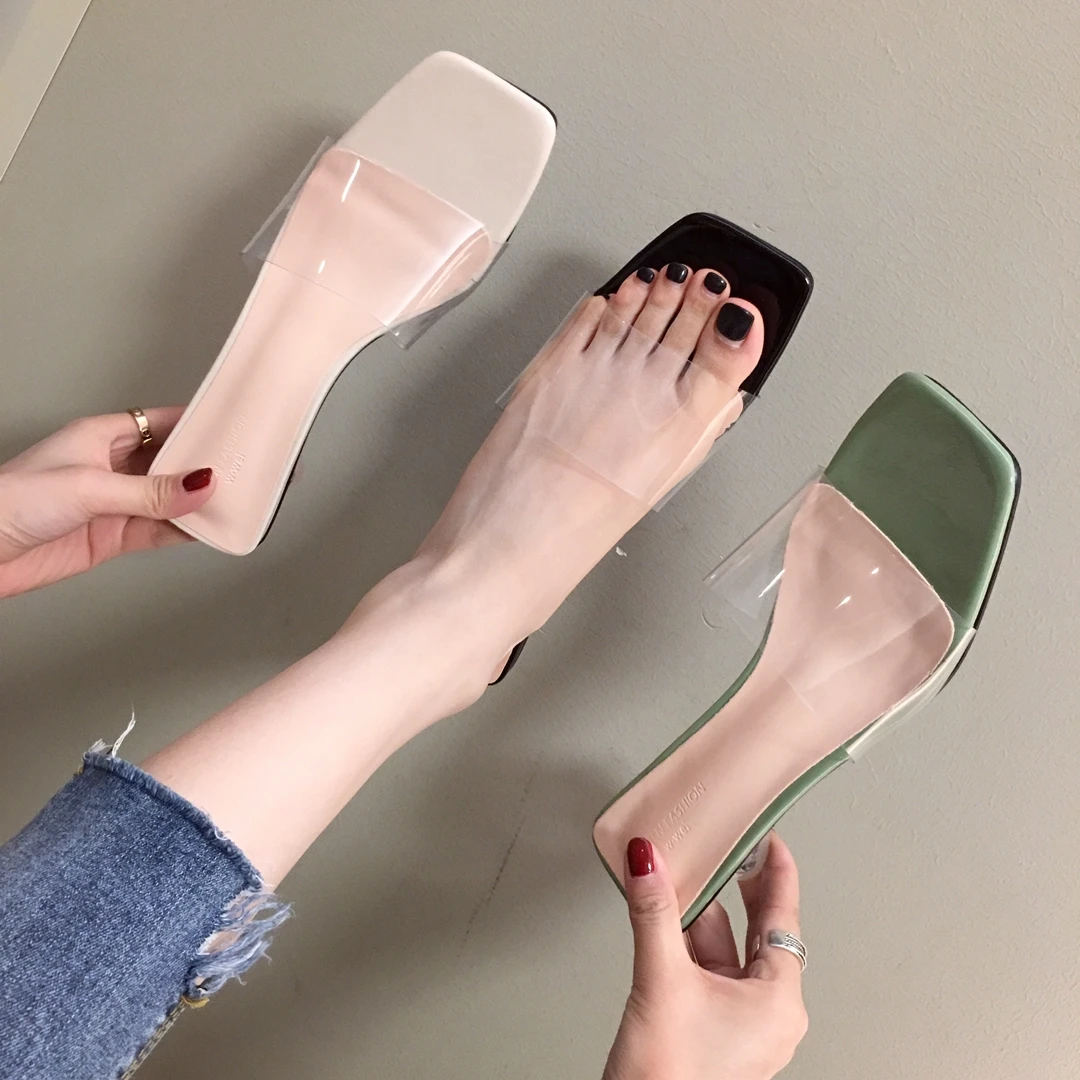 Женские прозрачные шлепанцы с квадратным каблуком лето 2019 | Обувь