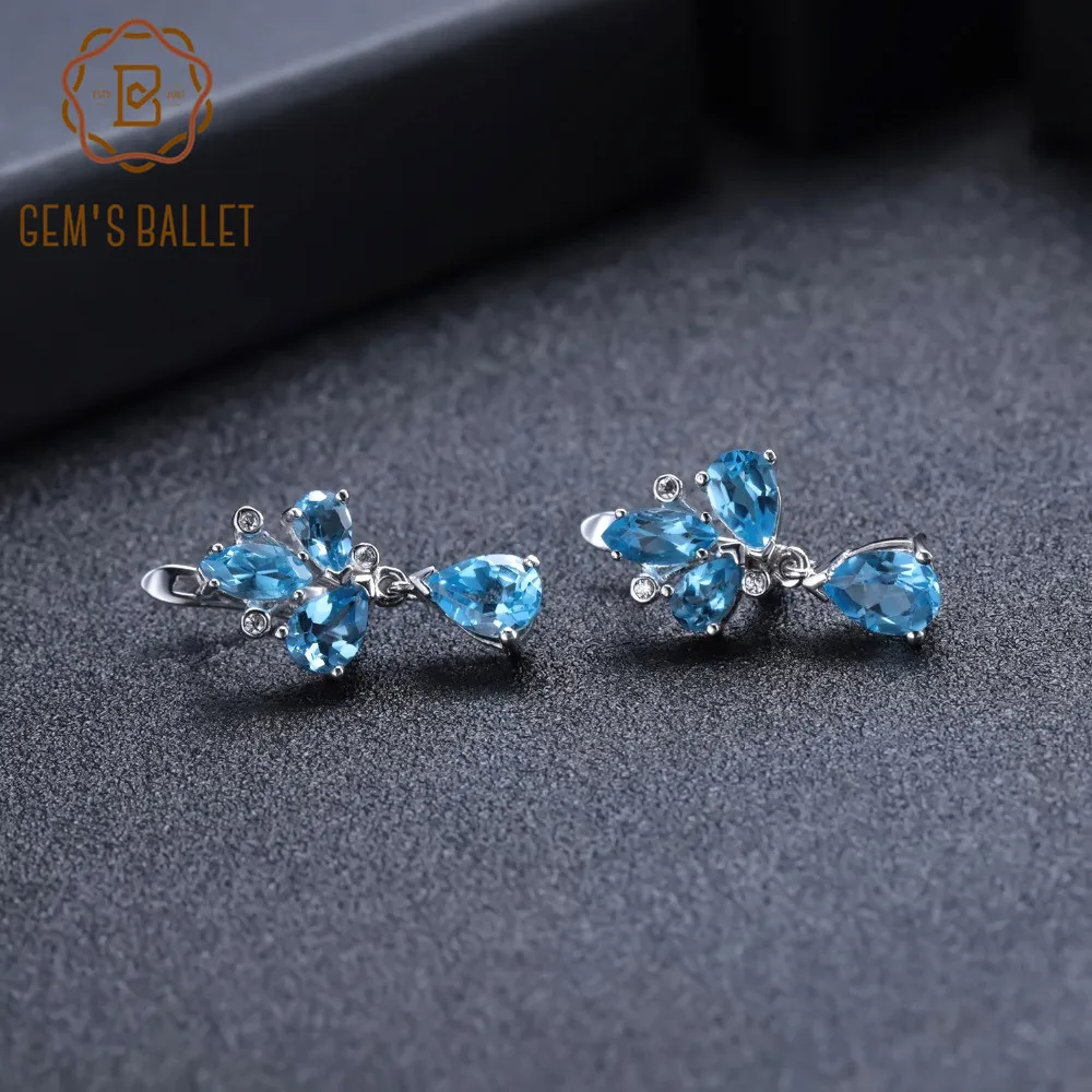 Gem балетки 925 пробы Серьги-подвески с цветочным украшением из чистого серьги 6.69Ct Природный Швейцарский Голубой Топаз Драгоценный Камень Висячие серьги для Для женщин, хорошее ювелирное изделие