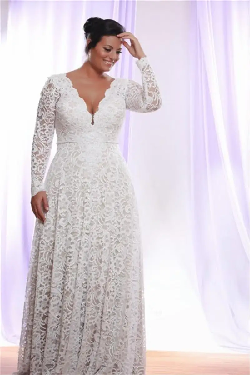 Cheap Plus Size Full Lace Wedding Dresses With Removable Long Sleeves V Neck Bridal Gowns Floor Length A Line Gown | Свадьбы и
