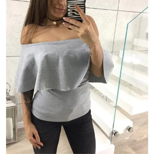 Недавно Для женщин с рюшами открытыми плечами стрейч вечерние летняя рубашка Slim Fit Топ m99|Футболки| |