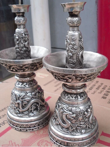 Бесплатная доставка бронзовое покрытие серебряный дракон статуя Подсвечник 35 см