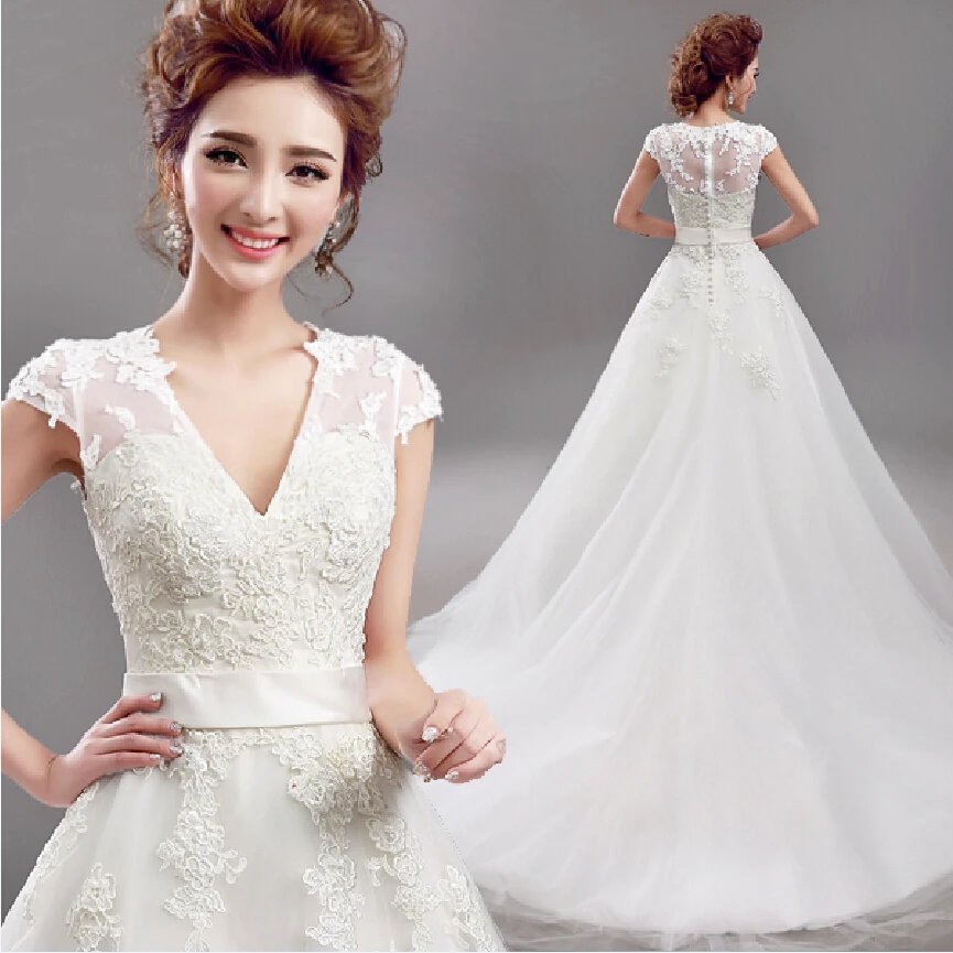 Fansmile Vestido De Noiva с коротким рукавом и v-образным вырезом винтажное кружевное свадебное платье свадебное Тюлевое FSM-640T