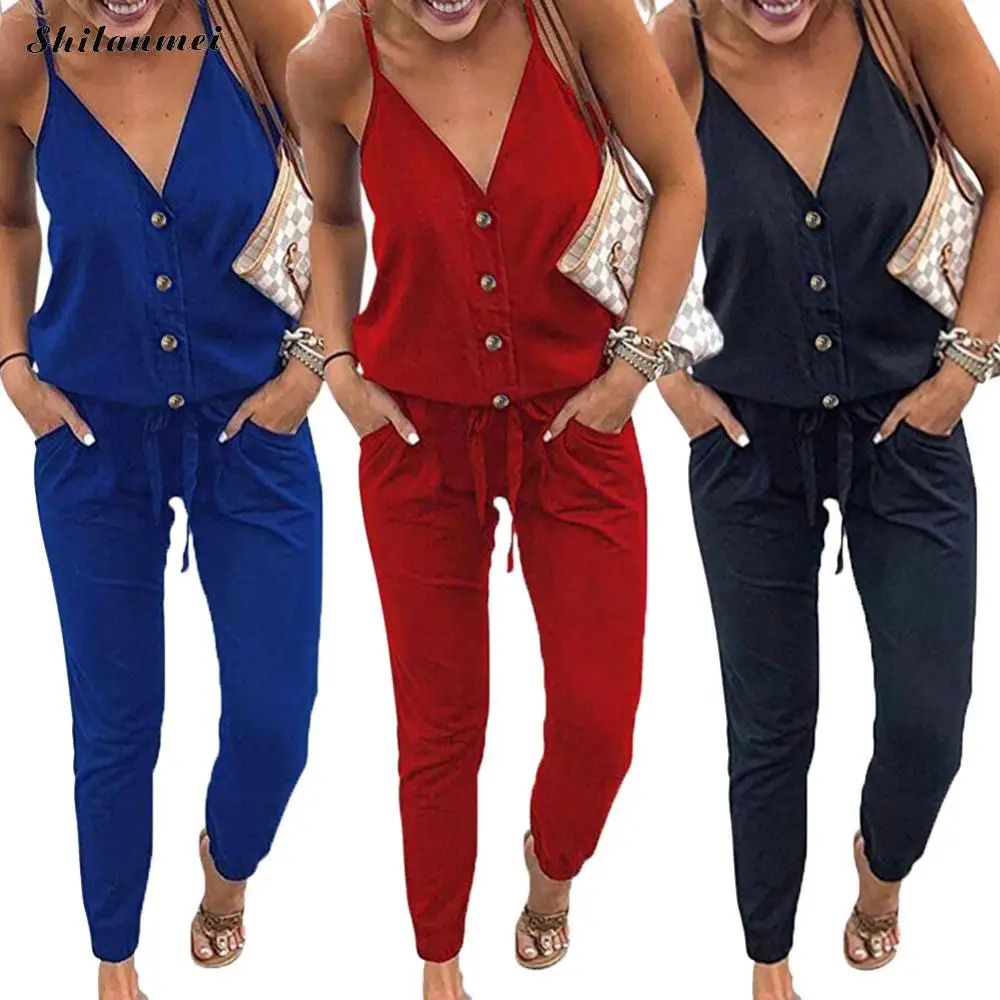 

Deep V Neck Summer Rompers Women's Jumpsuit Solid Sash Sleeveless Ladies Jumpsuits Casual Sports Style Long Trousers Overalls