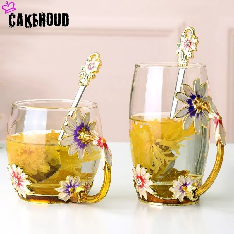 Цветная эмалированная чашка CAKEHOUD с металлической ручкой прозрачная стеклянная