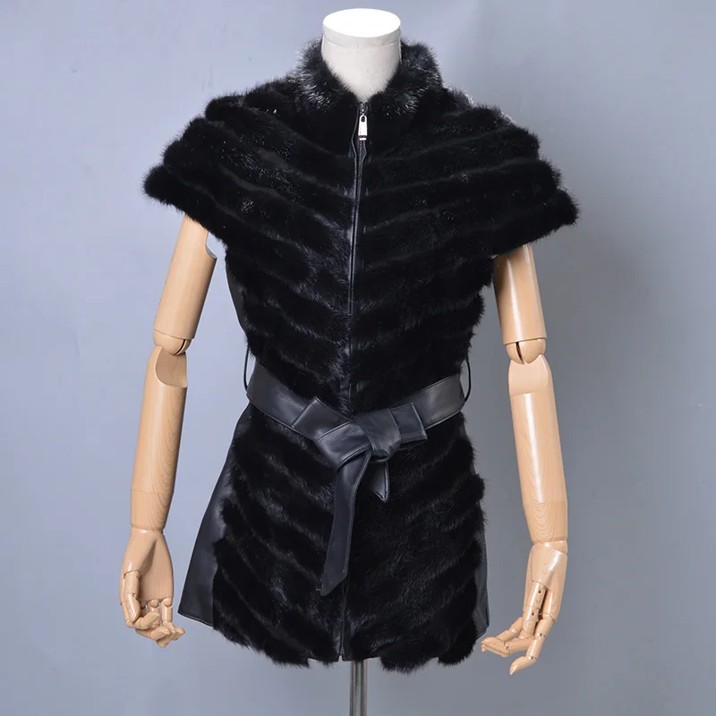 QIUSIDUN 2017 New Style Real Mink Fur Vest fashion Belted Winter Female Fur Coat Sleeveless Round Neck Russia Big Size 6XL BLACK