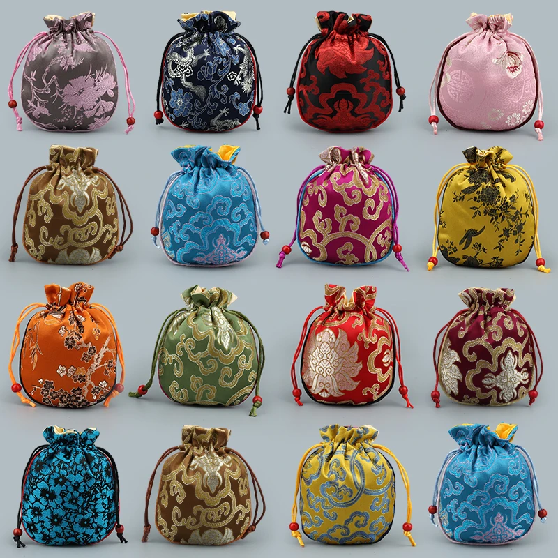 50pcs Cotton Filled Drawstring Silk Satin Brocade Jewellery Pouches Chinese style New year Gift Bags Coin Purse Bangle Storage