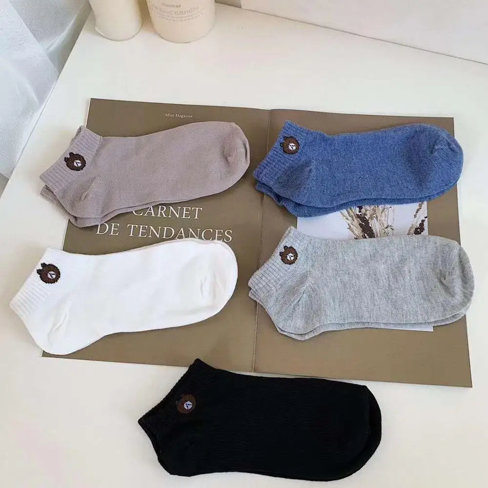 Women's Solid Color Boat Socks Bear Short Paragraph Sports Sweat-Absorbent Cotton Low To Help College Wind Cute | Женская одежда