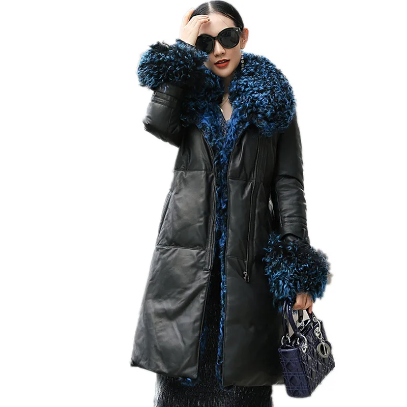2018 Winter New Women's Genuine Leather Coat Sheep Down Jacket Long Section Wool Collar Thick Warm Slim Outer LE517 | Женская одежда
