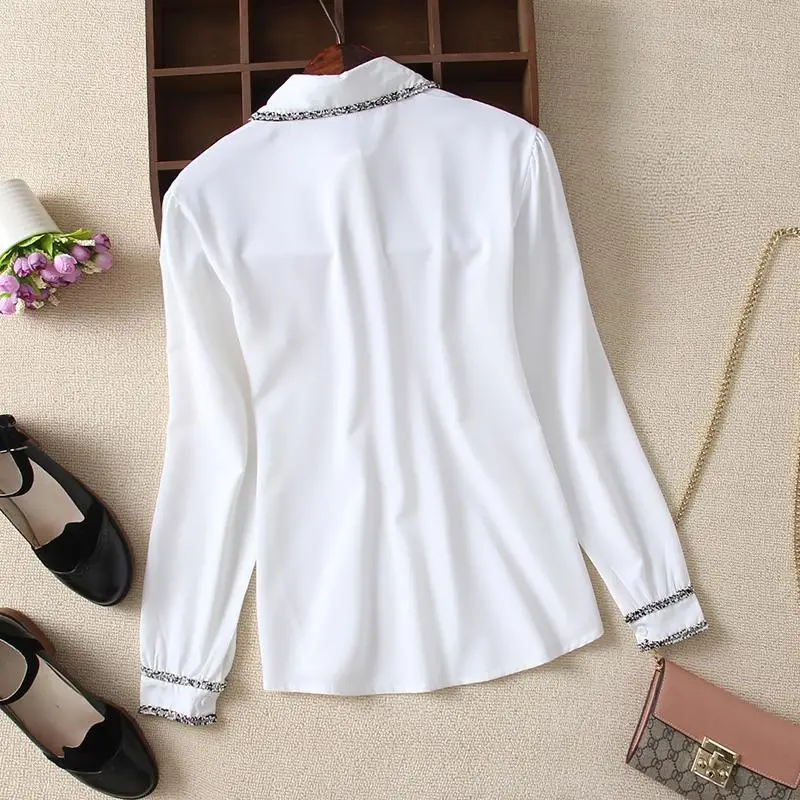 2018 Autumn Korean Casual Loose Line Stitching Women Blouses Student Base Large Size Long Sleeve Lapel White Shirt Female Tops |