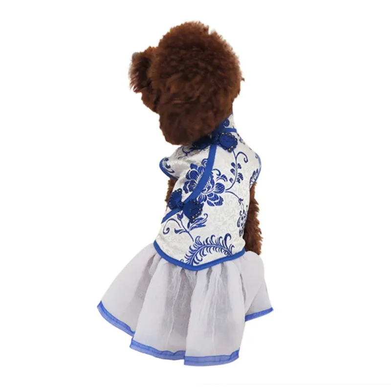 Летнее платье для собак Одежда для собак сине-белые анемоны Cheongsam платье для кошек из тюля платья для собак для маленьких средних собак