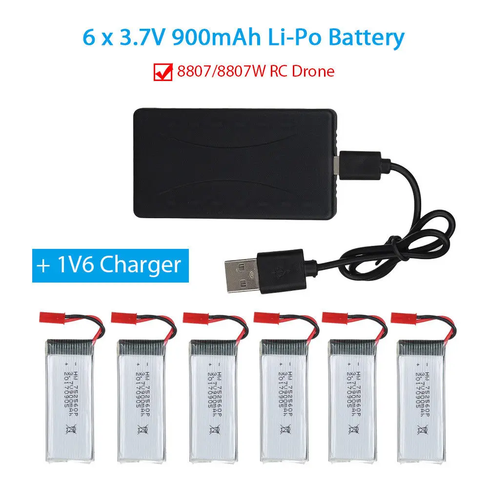 TOMLOV 6 шт 3 7 V 900mAh Li-Po аккумуляторная батарея с JST вилкой + 1V6 зарядное устройство для