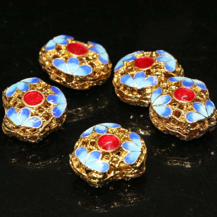 New arrival 14*17mm carved flower cloisonne hollow coin spacers beads accessories diy women &amp men jewelry finding 5pcs B2396 | Украшения