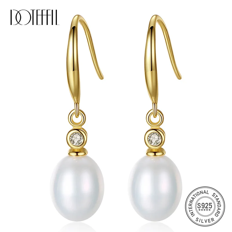 

DOTEFFIL White/Pink/Purple 12mm Pearl 925 Sterling Silver AAA Zircon Gold Earrings For Women Wedding Engagement Charm Jewelry