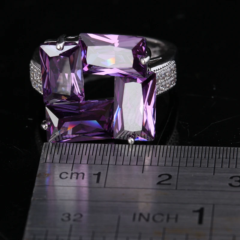 Four Dimensional Square Purple Zircon White Gems Silver Plated Argent Jewelry Ring US# Size 6 / 7 8 9 S1676 | Украшения и