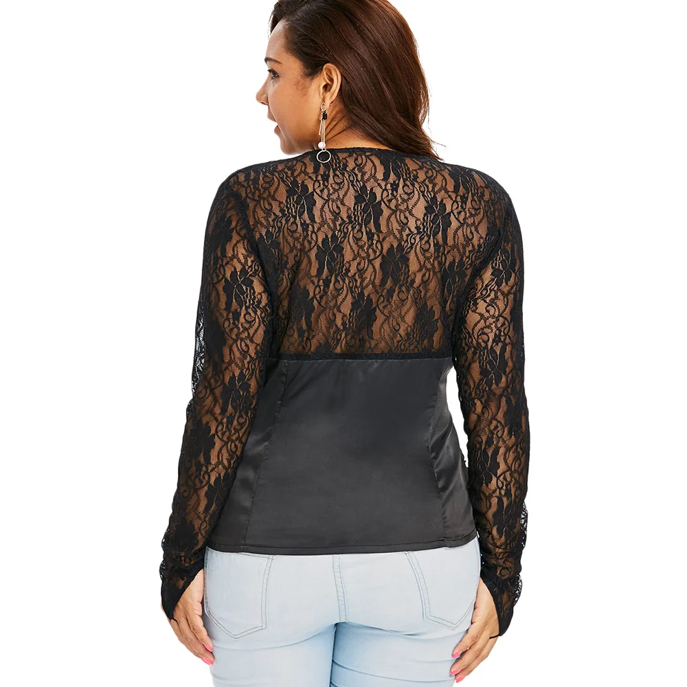 Rosegal плюс размер кнопки кружевная панель Ruched футболка Женская Сексуальная V шея с