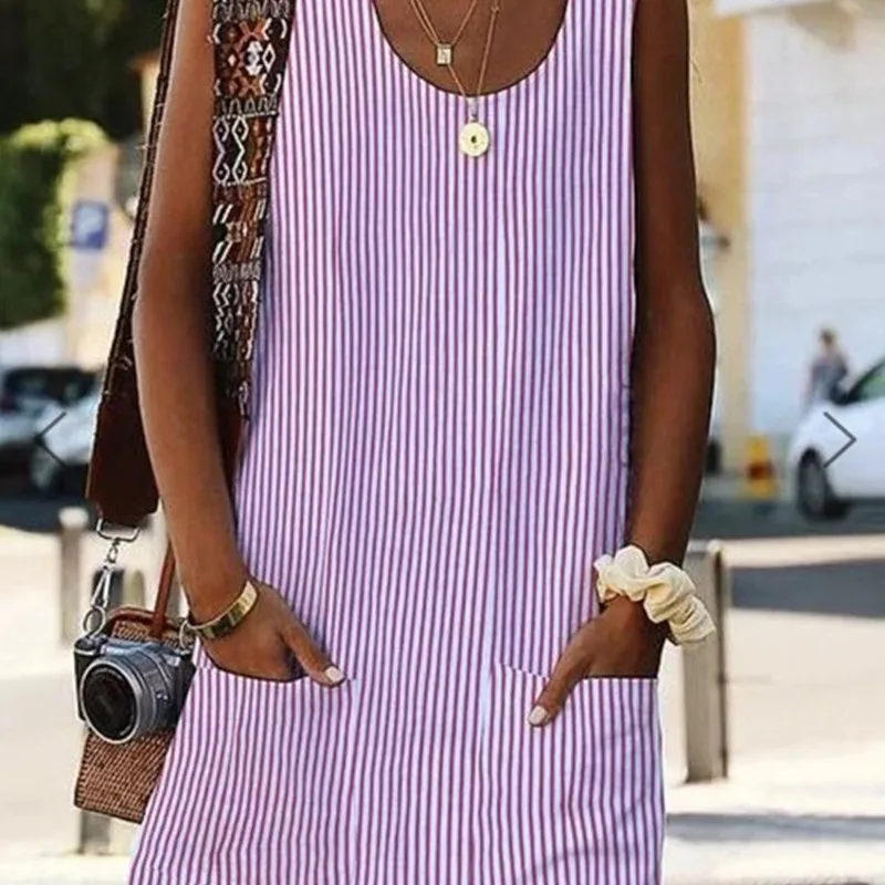 Женское Полосатое платье без рукавов большого размера с круглым вырезом и двумя
