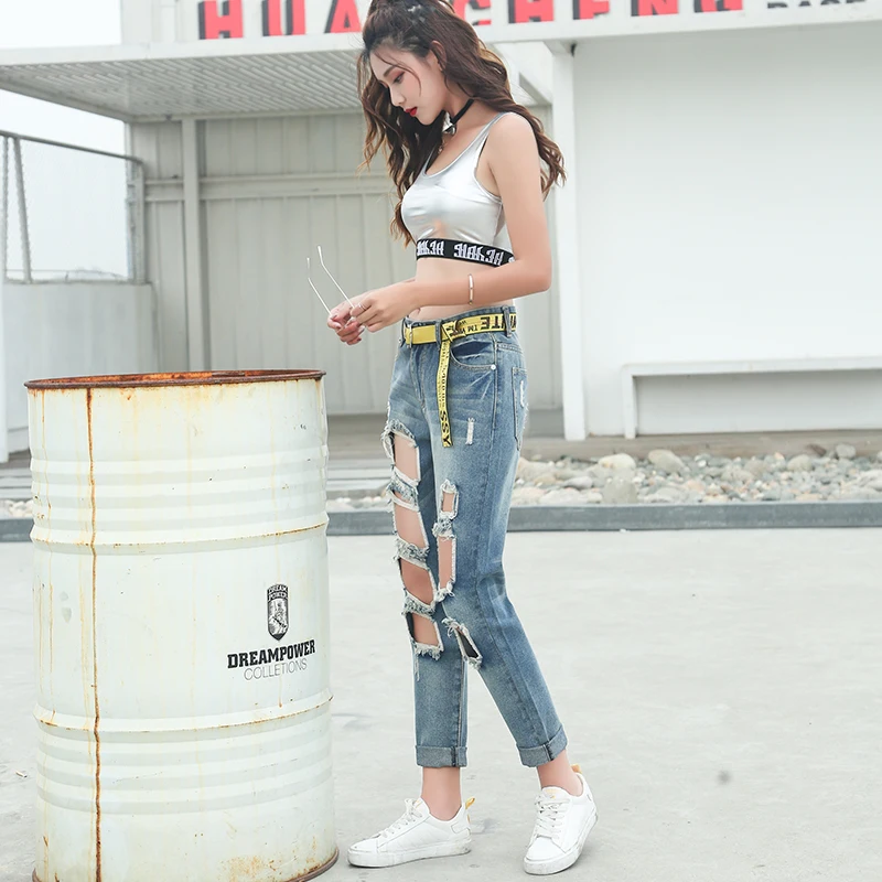 Рваные джинсы с большими дырками женские брюки свободные джинсовые длиной до