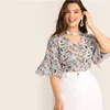 SHEIN размера плюс с v-образным вырезом вырезать колье Цветочный принт бабочка с длинными рукавами Блуза Топ Для женщин летние Повседневное Замочная скважина блузки с короткими рукавами