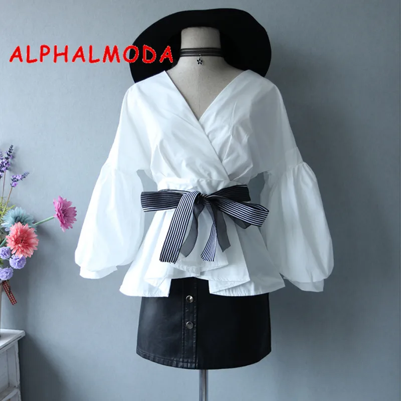 Женская рубашка ALPHALMODA с треугольным вырезом длинным рукавом и бантом на