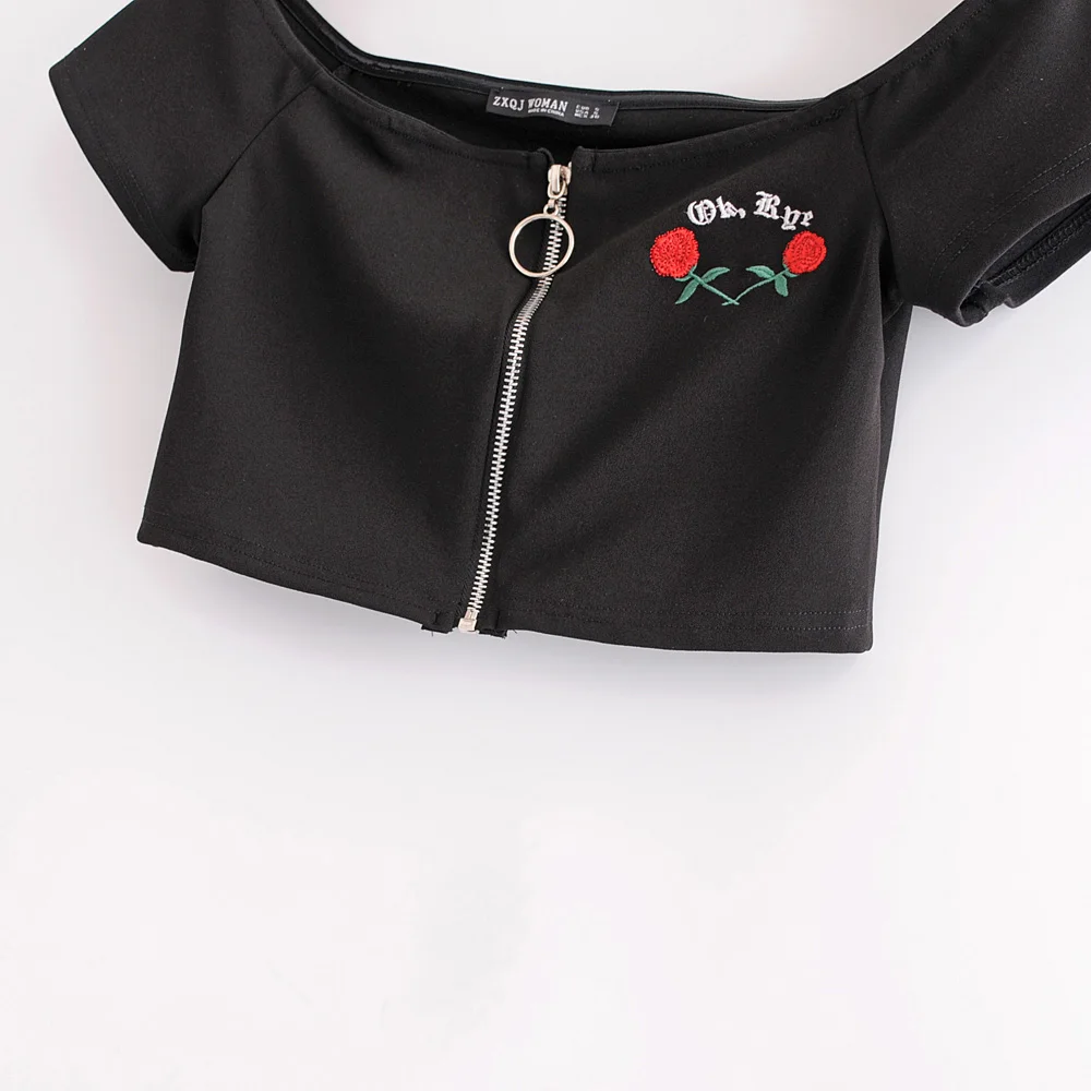 Женские черные короткие топы, Цветочная вышивка танки Slash шеи Camis красная роза Сексуальная Передняя молния Танк SML Прямая