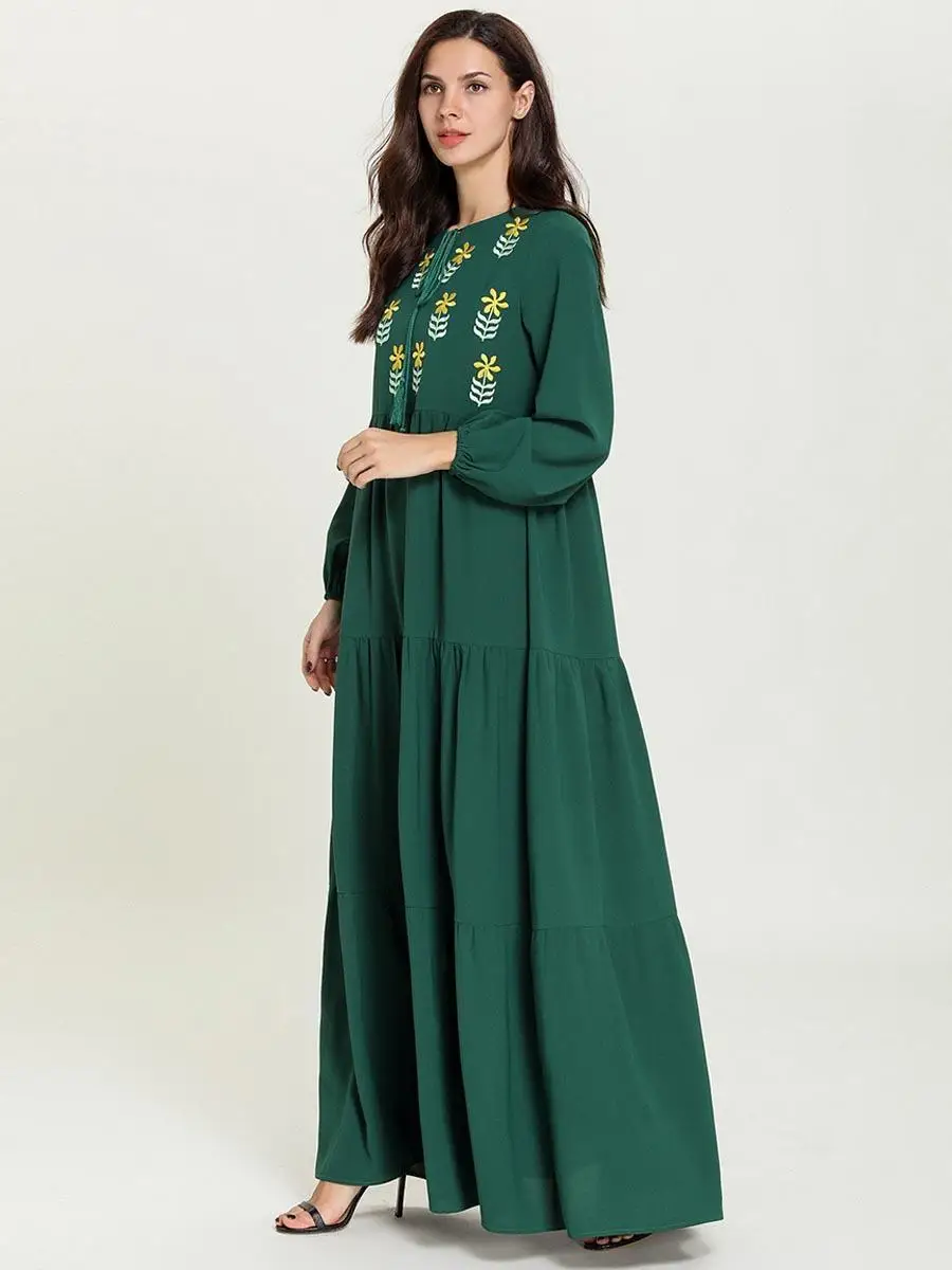Abaya Дубай Цветочная вышивка длинное платье мусульманские женщины кафтан