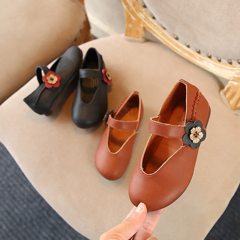Осень 2018 для маленьких девочек из натуральной кожи Цветочный Туфли без каблуков