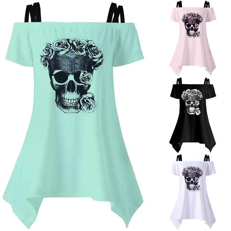 Женская Туника JIEZuoFang Летняя туника с принтом в виде черепа и открытыми плечами