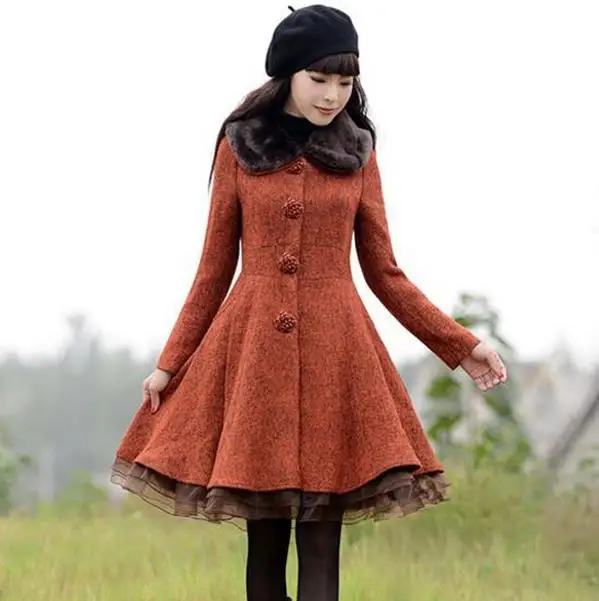 Coffee color Зима ретро темперамент Тонкая с длинным рукавом шерстяная куртка женская размера плюс однобортное шерстяное пальто с меховым воротником - Цвет: Coffee color