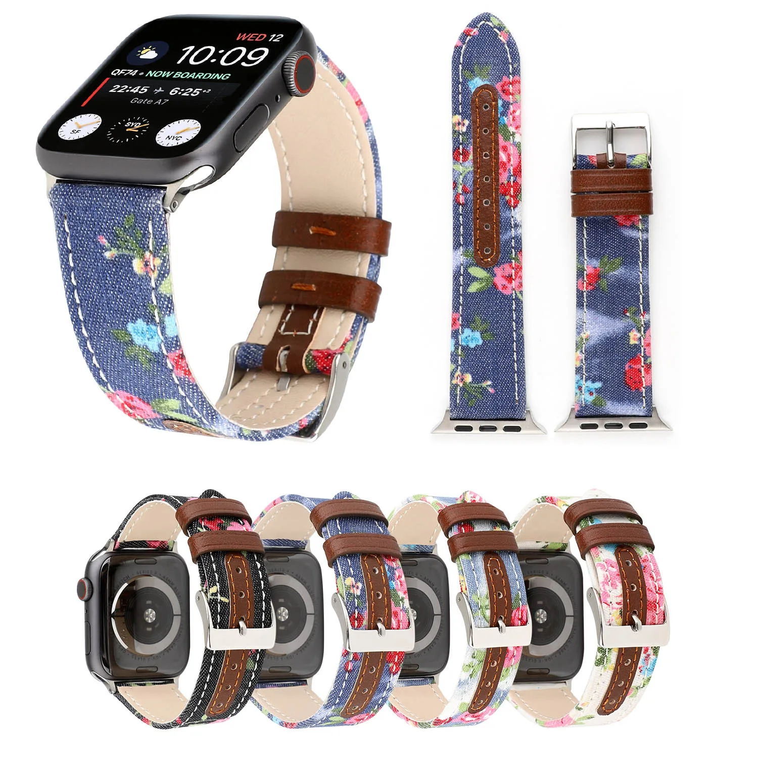 

Ремешок для часов iWatch 4, 3, 2, 1, 44, 40, 42, 38 мм, из искусственной кожи, с цветным цветочным принтом