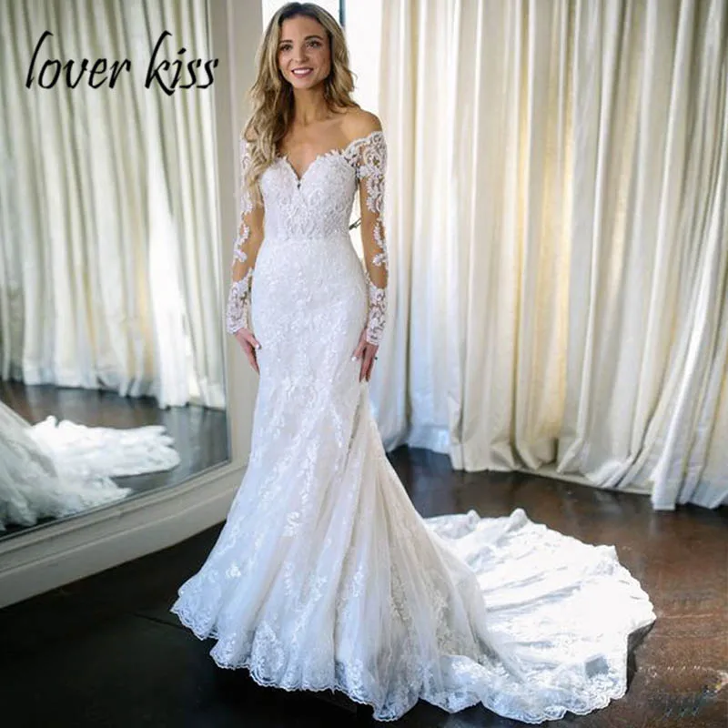 

Lover Kiss Vestido De Noiva 2022 Boho Wedding Dress Mermaid Bridal Dress Long Sleeve V-Neck Lace Wedding Gowns Robe De Mariee