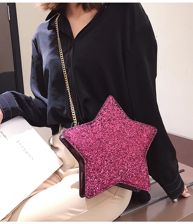 Sequins Stars Style Pu Leather Fashion Casual Ladies Chain Purse Shoulder Bag Tote Crossbody Mini Bag Female Bolsa Handbag Flap