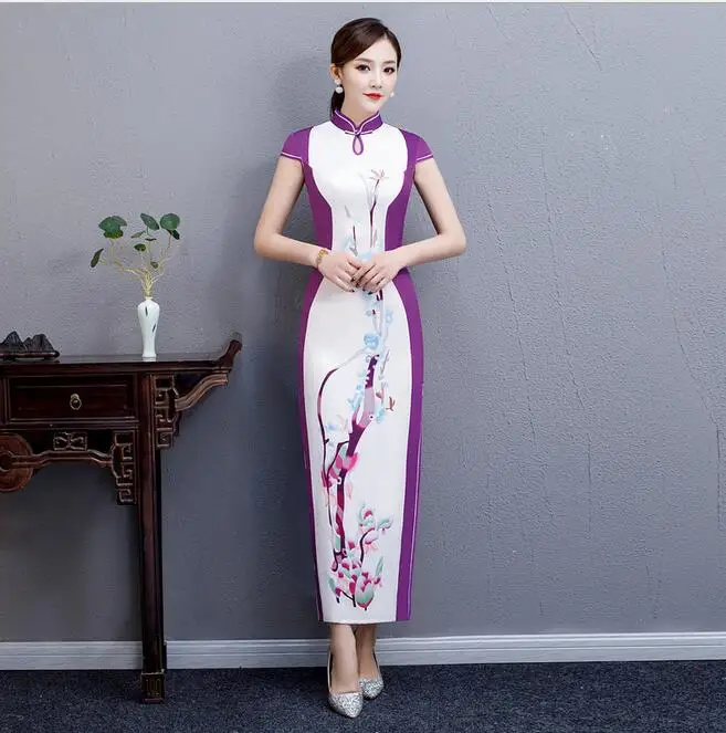 Высокая мода Мандарин Воротник шелк атлас с новогодней елкой, бумажный принт Qipao элегантный цветок сексуальное длинное платье плюс SZ M-4XL - Цвет: 0071