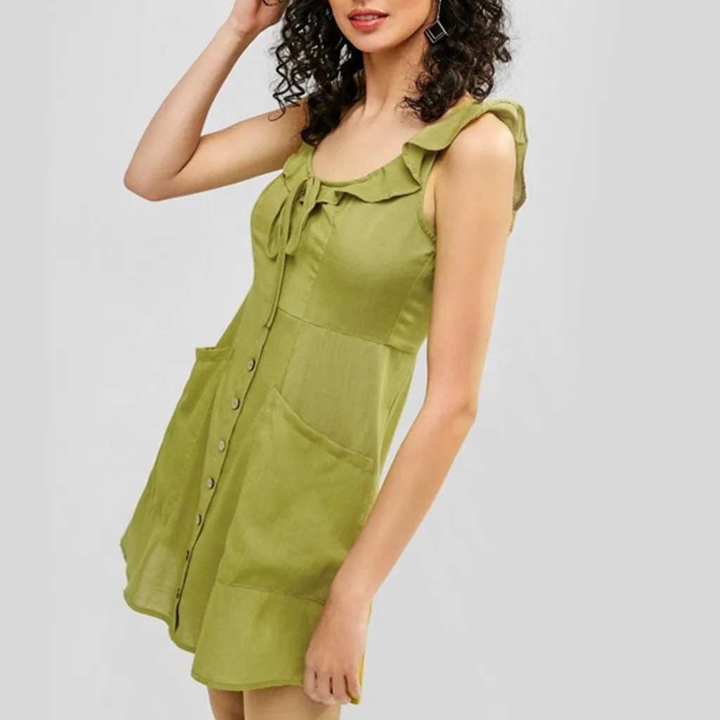 Повседневное однотонное летнее женское платье трапециевидной формы с оборками и