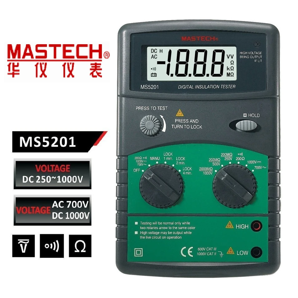 MASTECH MS5201 Цифровой Сопротивление изоляции тестер мегомметром megometro мега Ом