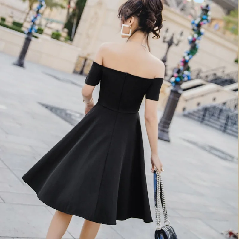 Одноцветное Винтаж голое плечо Комплект Талия Кнопка Line платье с открытыми