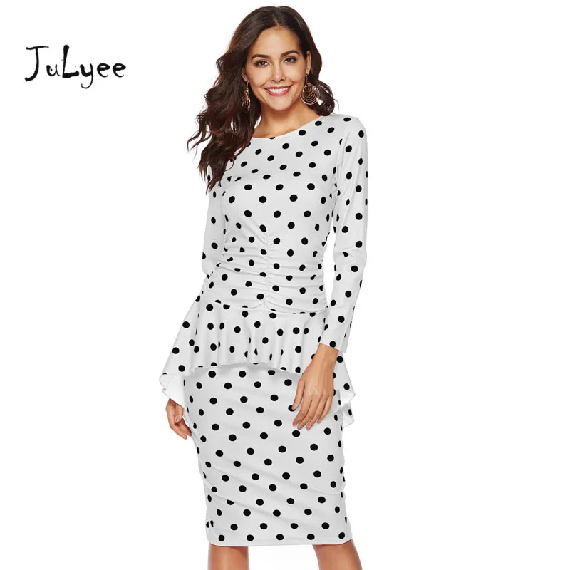 Julyee/два облегающих платья в горошек с длинными рукавами круглым вырезом длиной