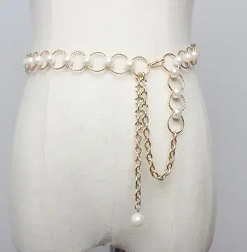 white pearl Модный роскошный женский жемчужный ремень с металлической кисточкой золотистый ремень-цепочка длинный кулон платье серебряные жемчужные бусины ремешки - Цвет: white pearl