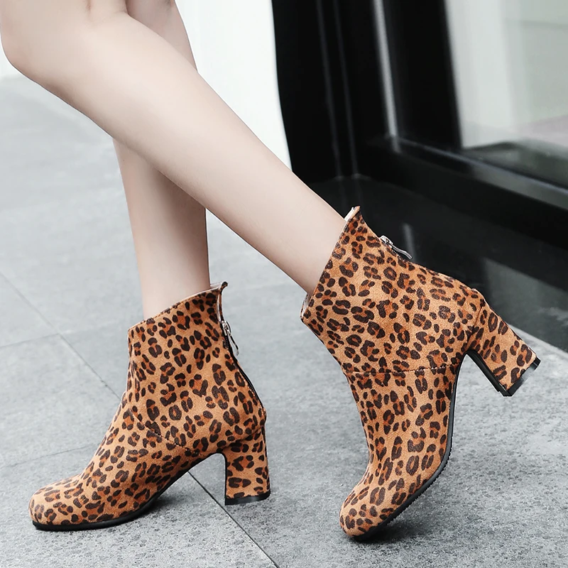 

Fashion Warm Snow Boots 2018 Leopard High Heels Spring Fall Winter Boots Women Ankle Boots Plush Female Sexy Boots