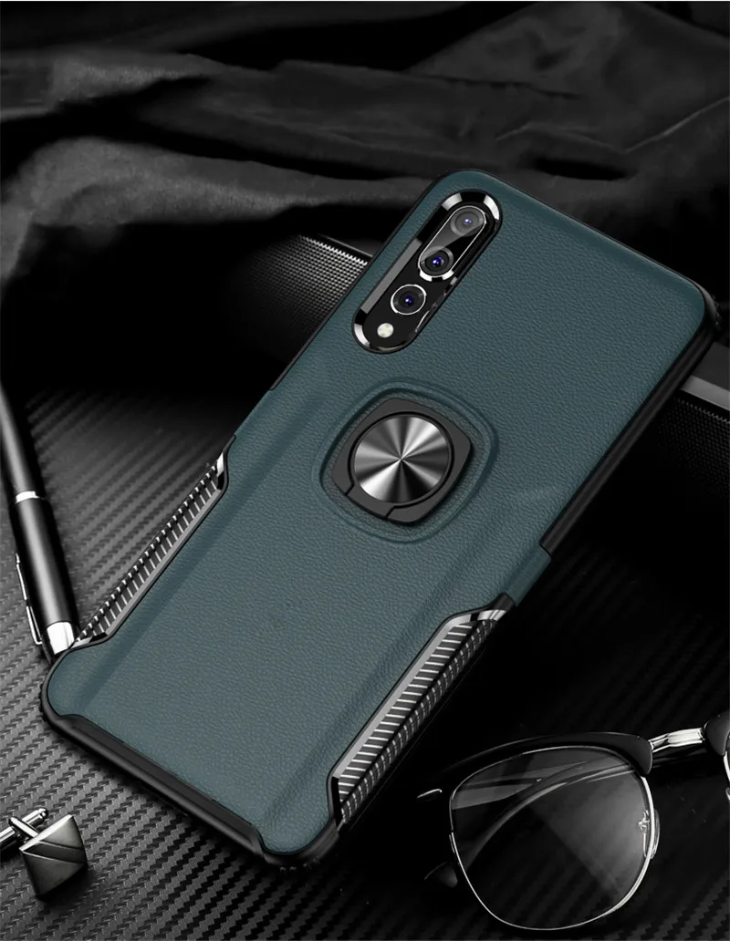 navy Магнитный металлический кольцевой кронштейн чехол для huawei P20 Pro P30 Lite Роскошный ПК кожаный чехол для Y9 Prime Nova 3 3i 4 P Smart Plus - Цвет: navy