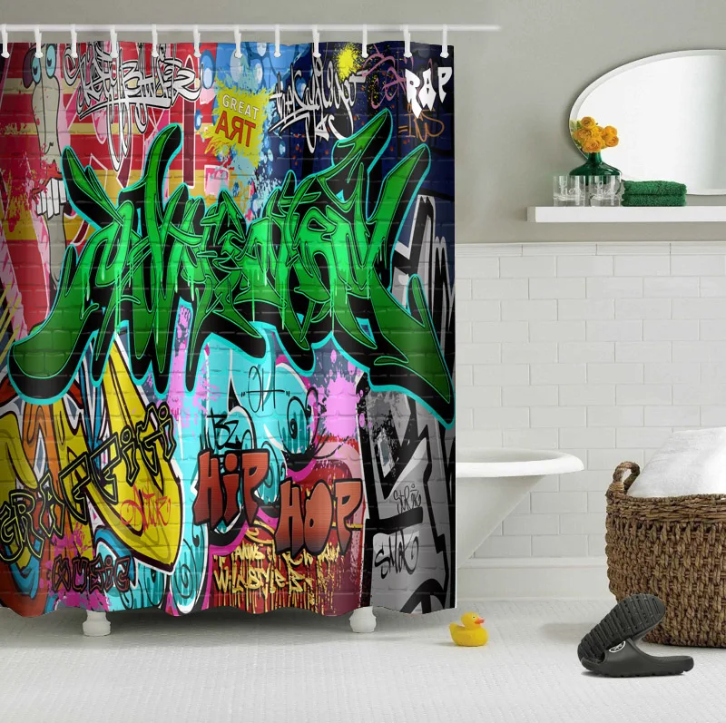 

LB 180*180cm Cool Hip Hop Graffiti Bath Curtains Shower Curtain Waterproof Polyester Fabric for Bathroom Home Decor with 12Hooks